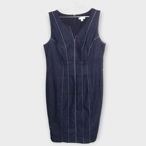 NY&Company Womens Dress Sz 16 Navy Sheath Stretch Professor Cottagecore Business - Picture 1 of 7